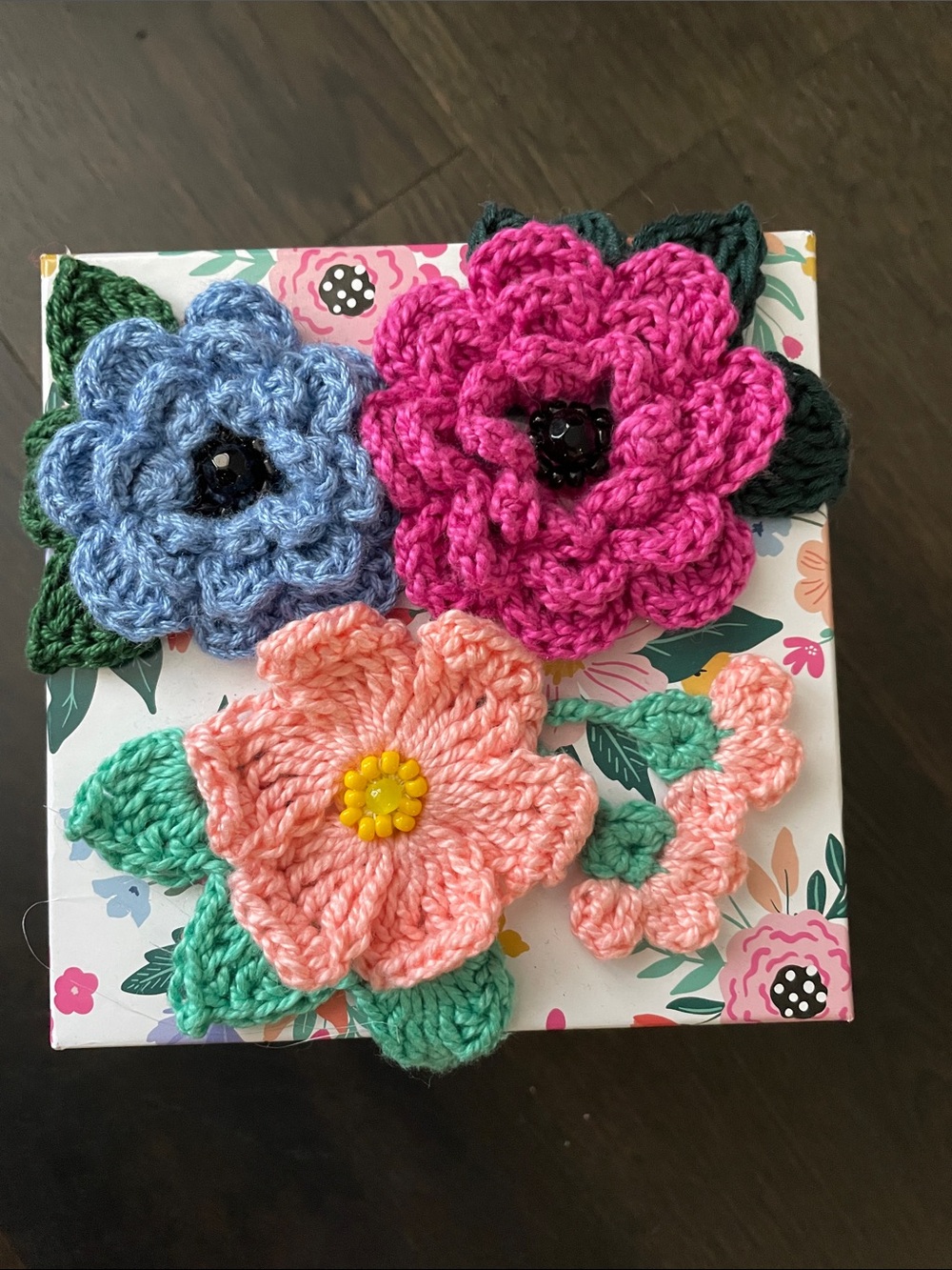 Floral Design Box with Crochet Flowers on Lid
